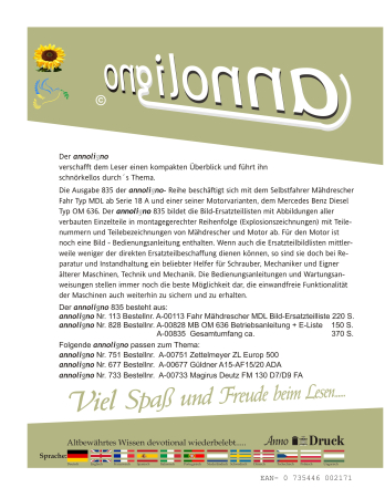 Fahr Mähdrescher Typ MDL & MB Motor Typ OM 636 - Bild- Ersatzteillisten mit Explosionszeichnungen + Motor Bedienungsanleitung - annoligno 835